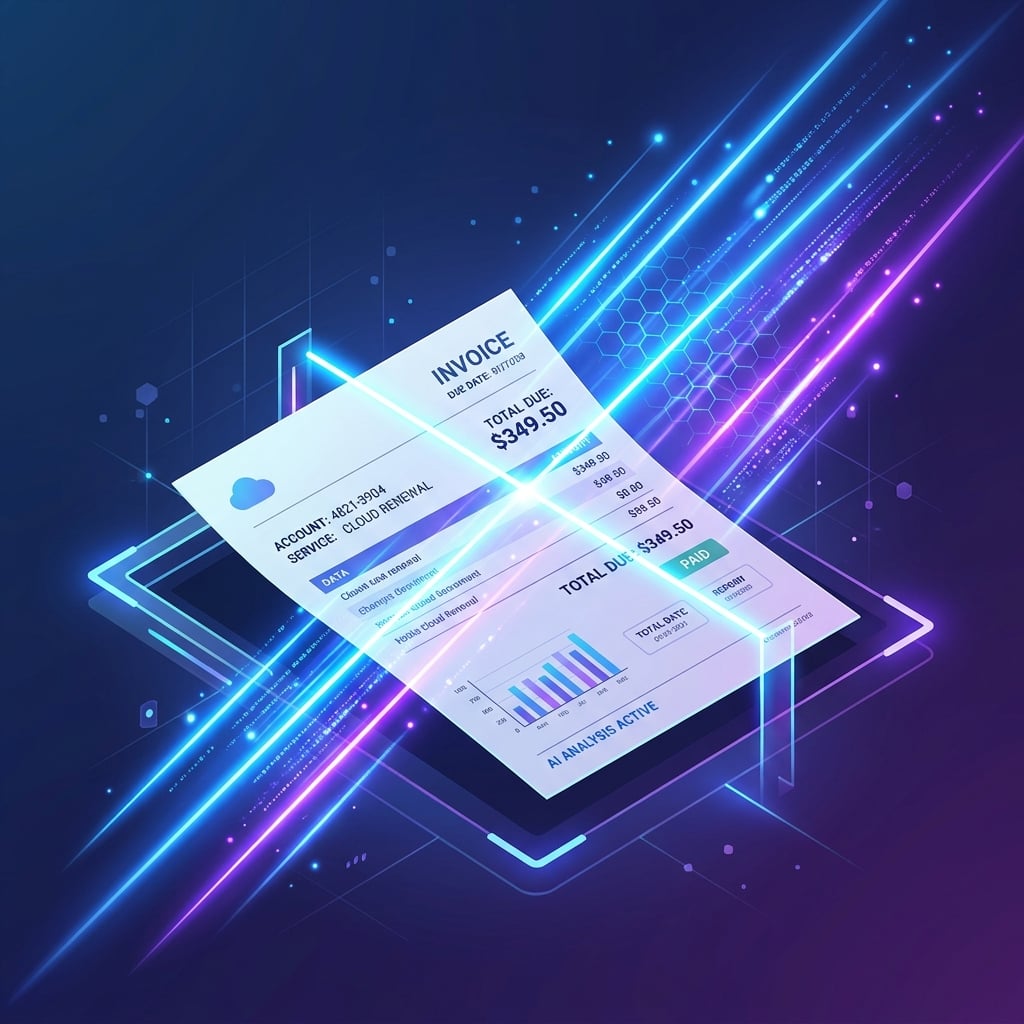 Ilustração do Scanner de IA do Gestor Pay escaneando um documento financeiro