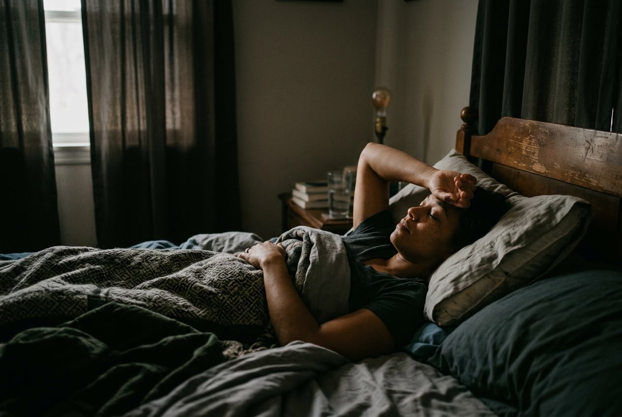 A woman veteran resting in a darkened room recovering from a migraine