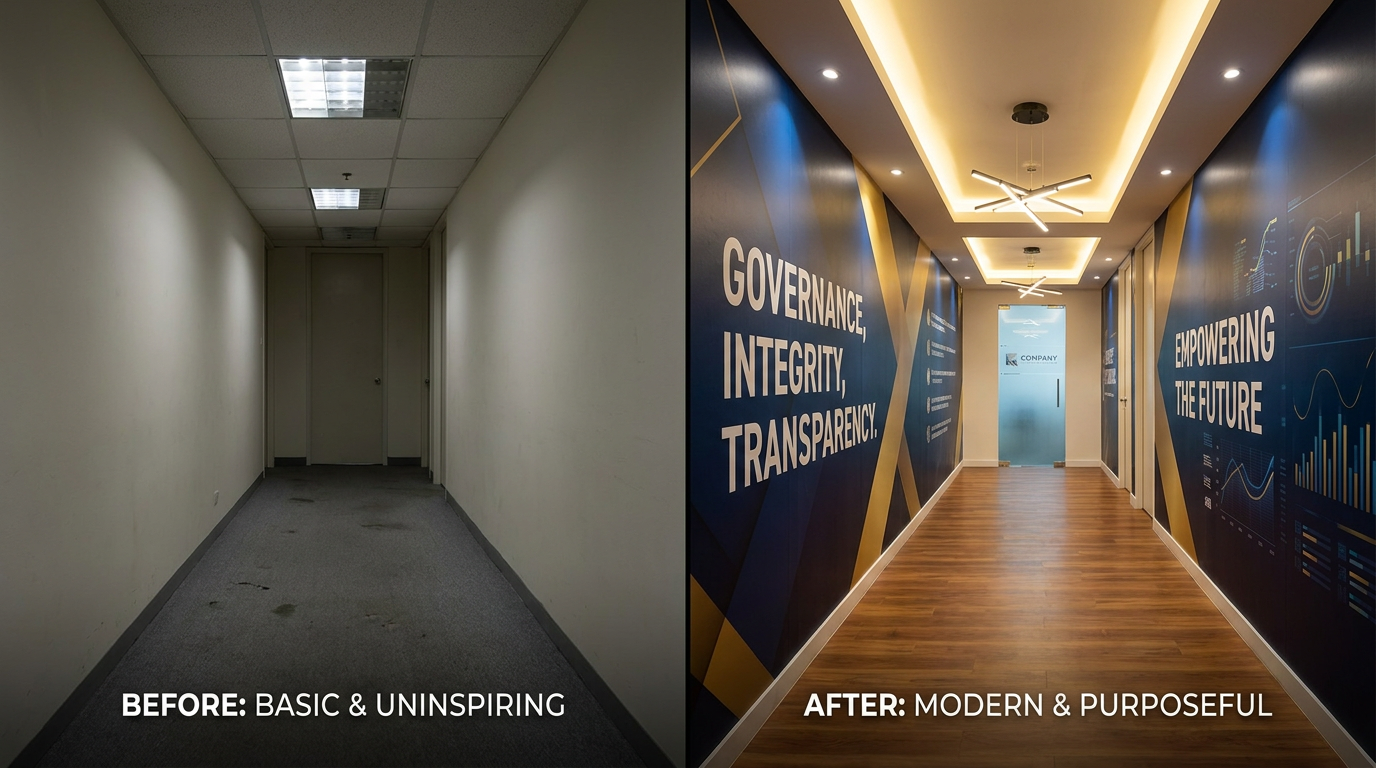 Before and after workplace transformation with AI governance installations