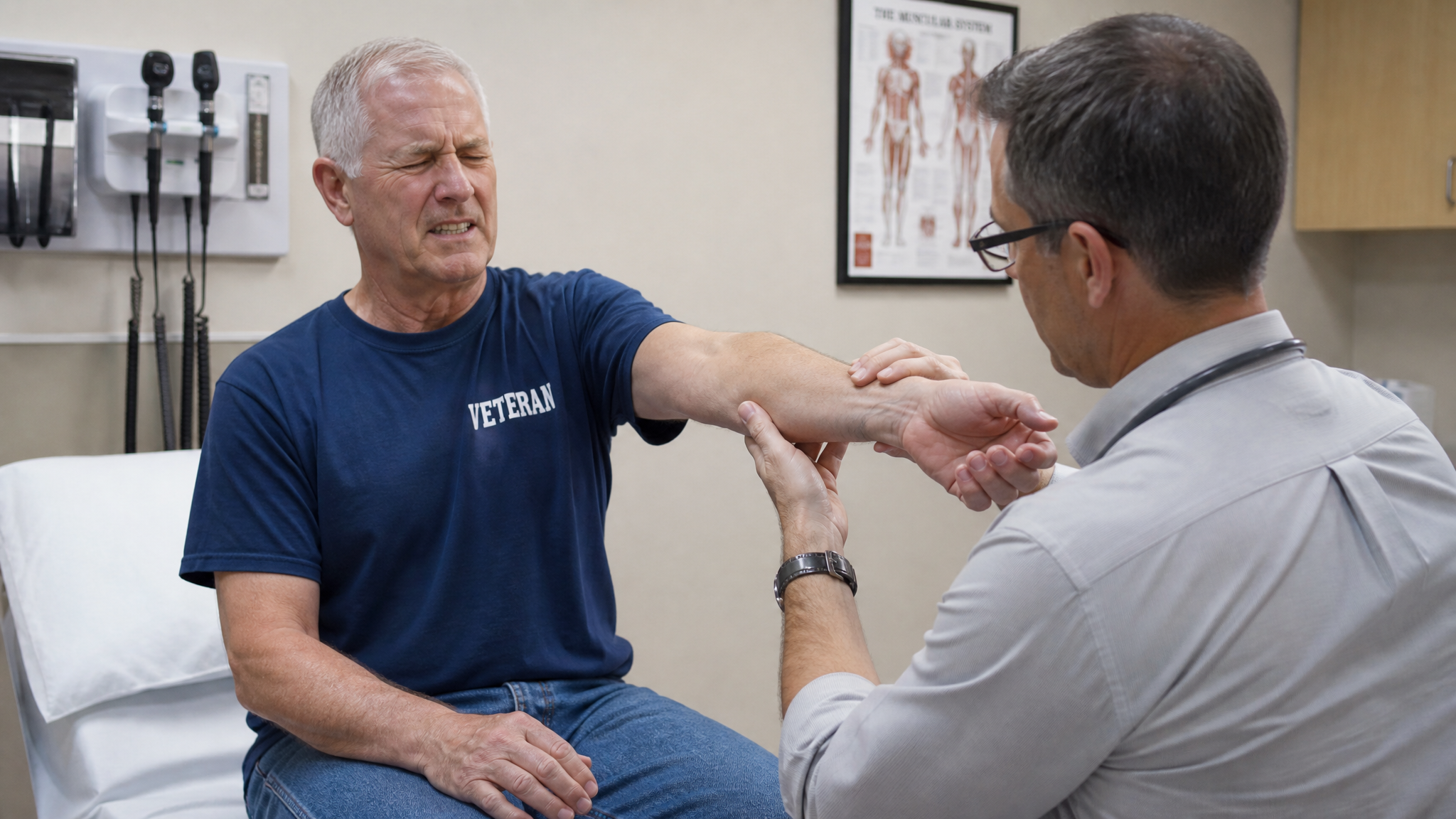 An older veteran wincing during an elbow examination as the clinician pauses to record the degree at which pain begins