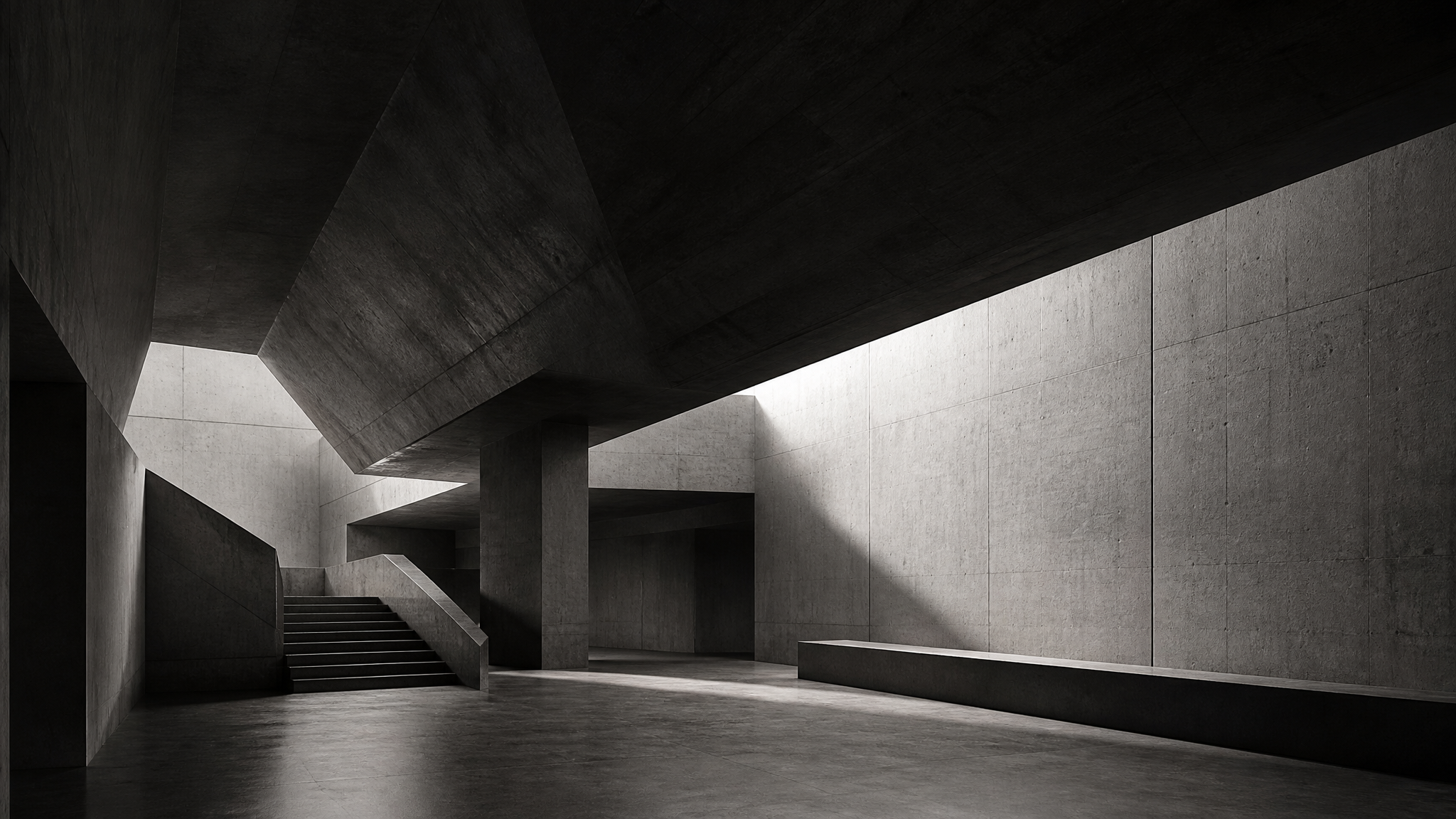 Brutalist concrete interior with dramatic soft shadows