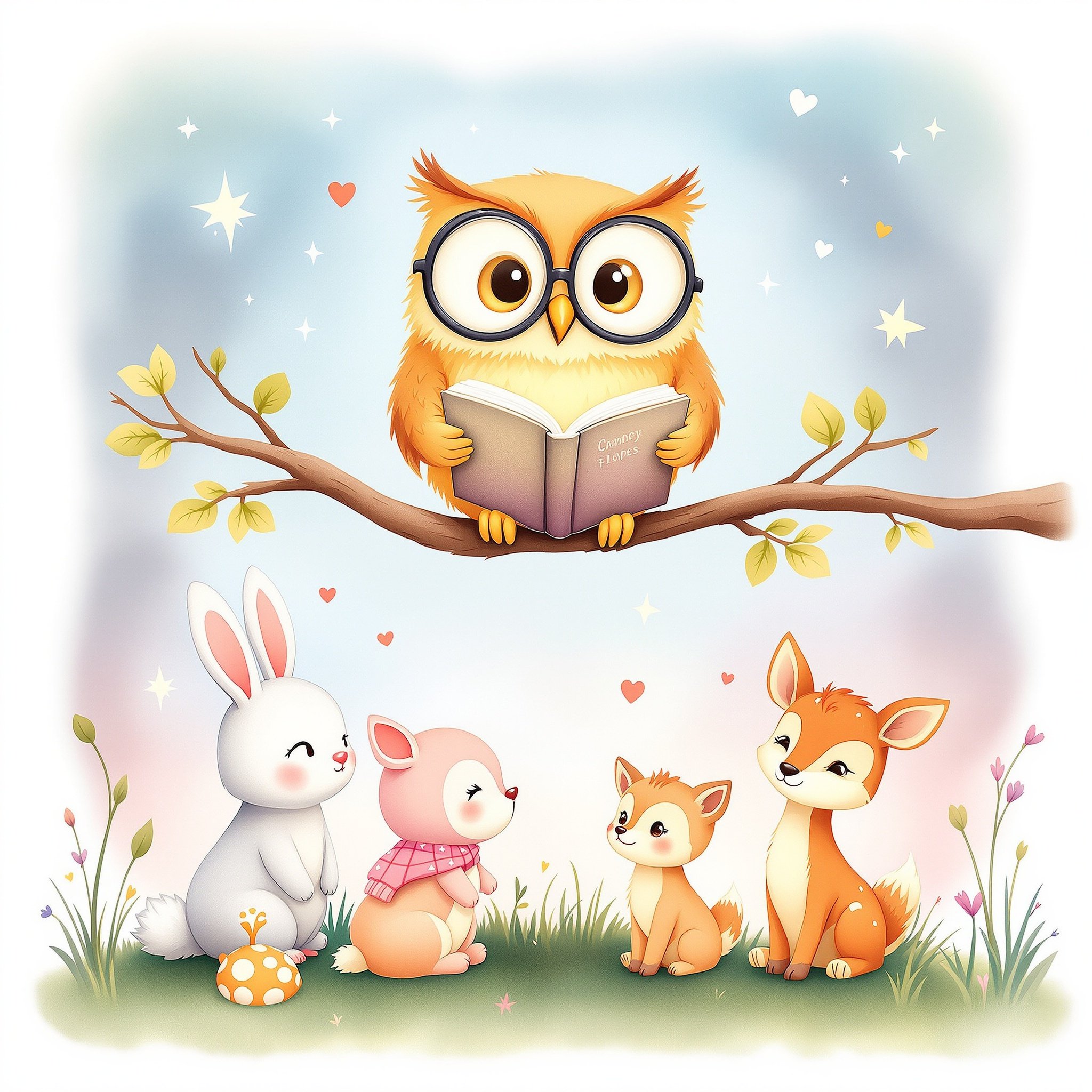Friendly owl with glasses reading to baby animals