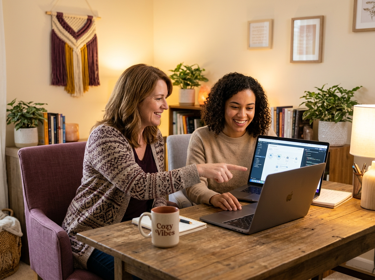 Two women side by side at a laptop, one guiding the other through a software setup