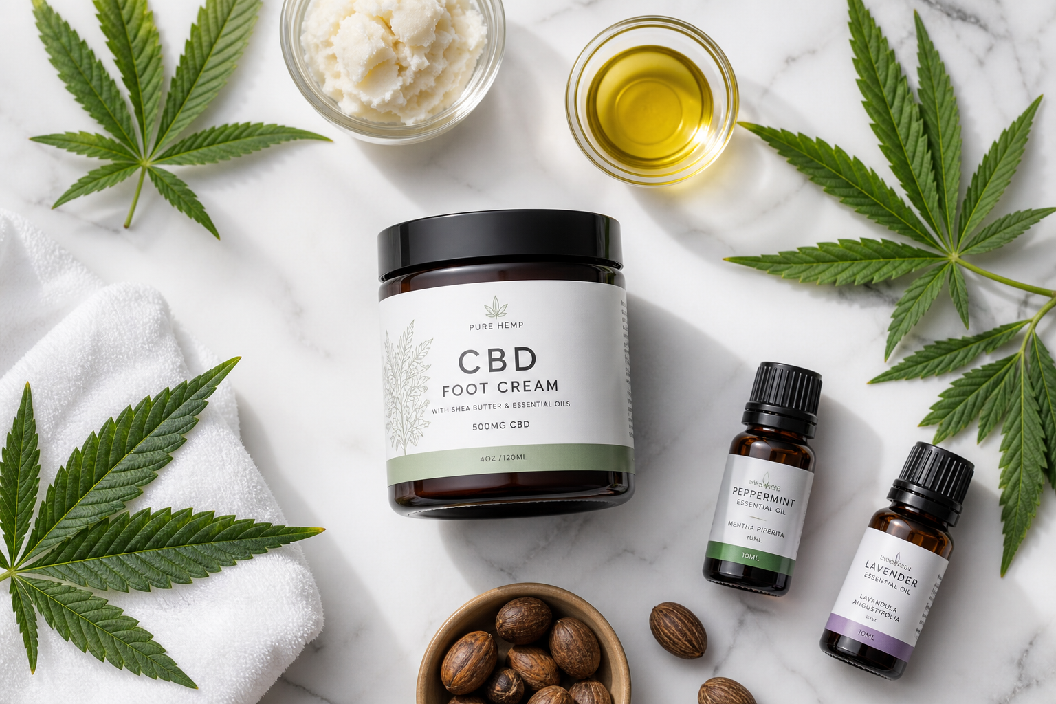 CBD foot care cream with hemp leaves on marble surface