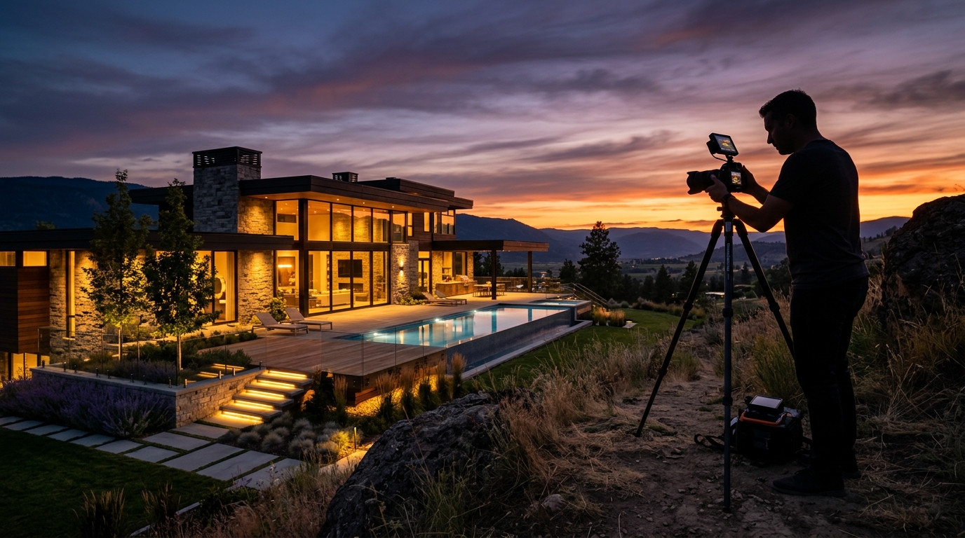 Professional photographer shooting luxury home at twilight