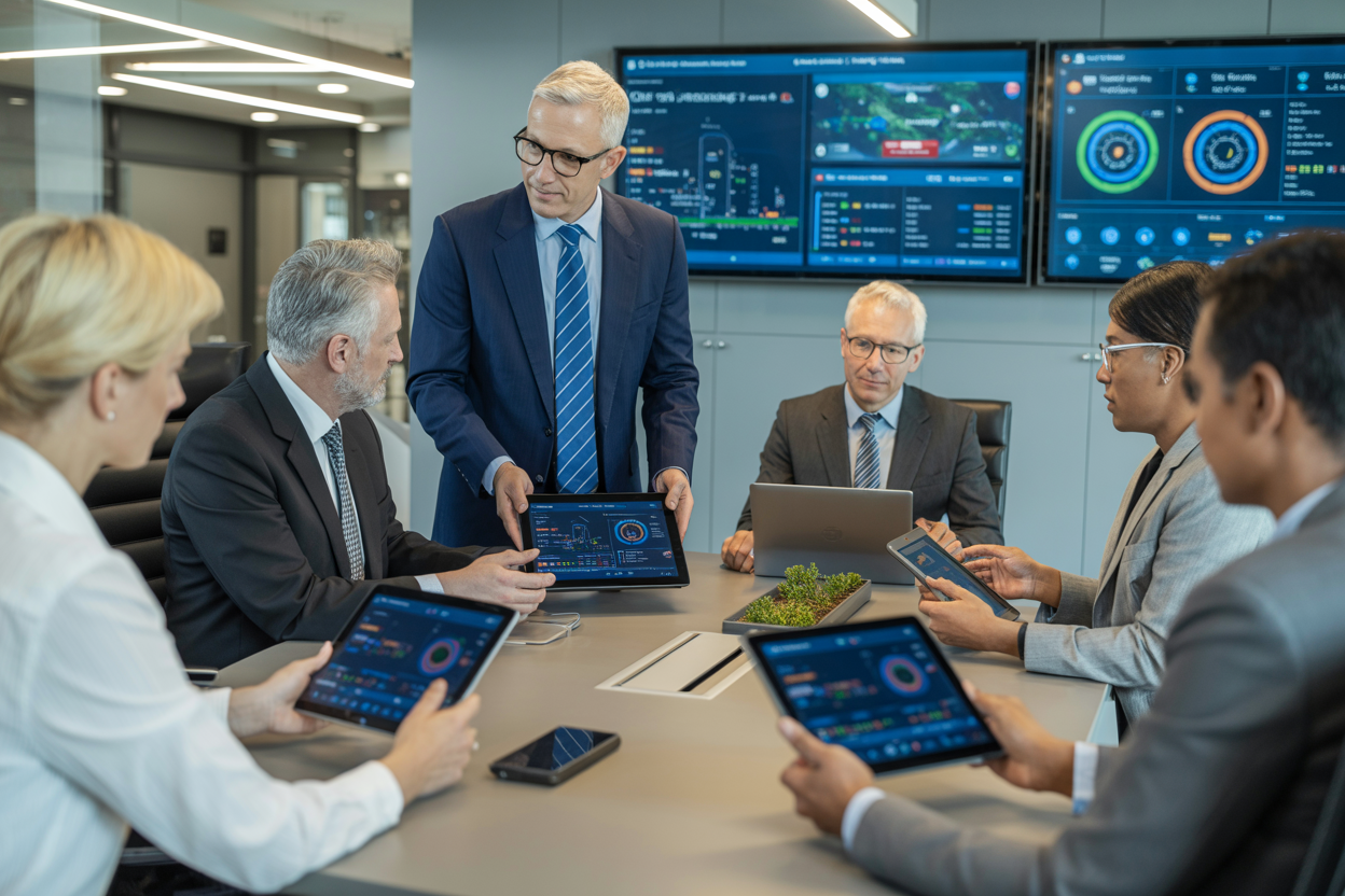 City officials using smart city technology and data analytics in municipal government office