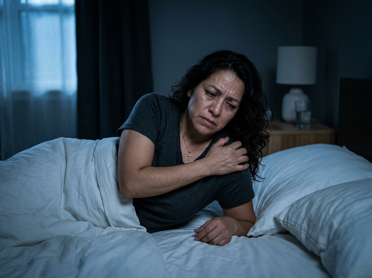 A Hispanic woman veteran lying in bed at night holding her shoulder in pain, awakened by a dislocation during sleep