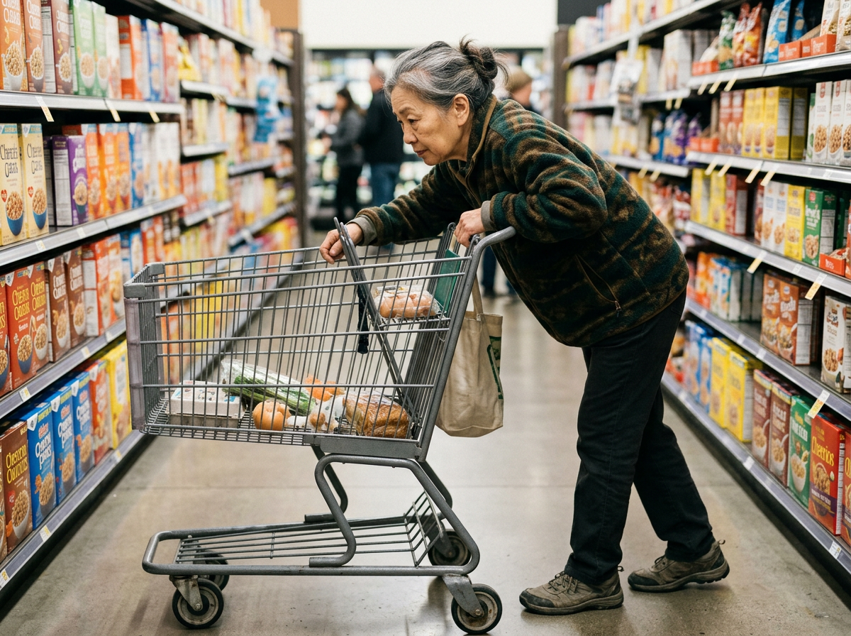 An older veteran leaning forward on a shopping cart, the classic shopping cart sign posture of lumbar spinal stenosis