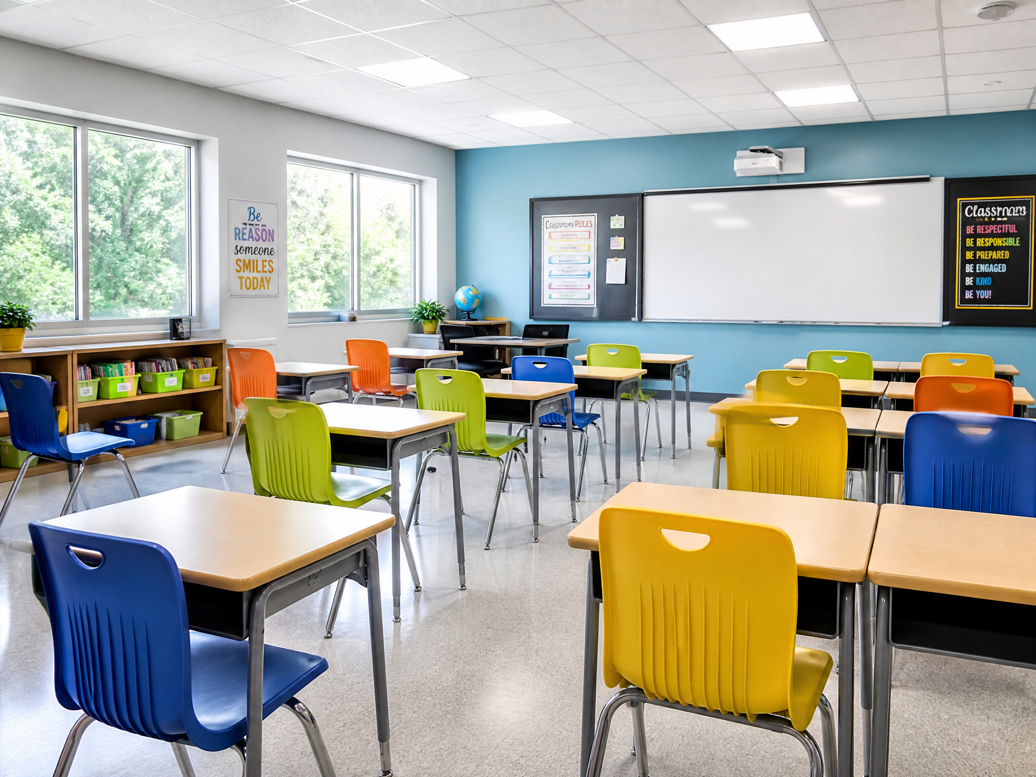 School classroom fitted with contract-grade desks and chairs