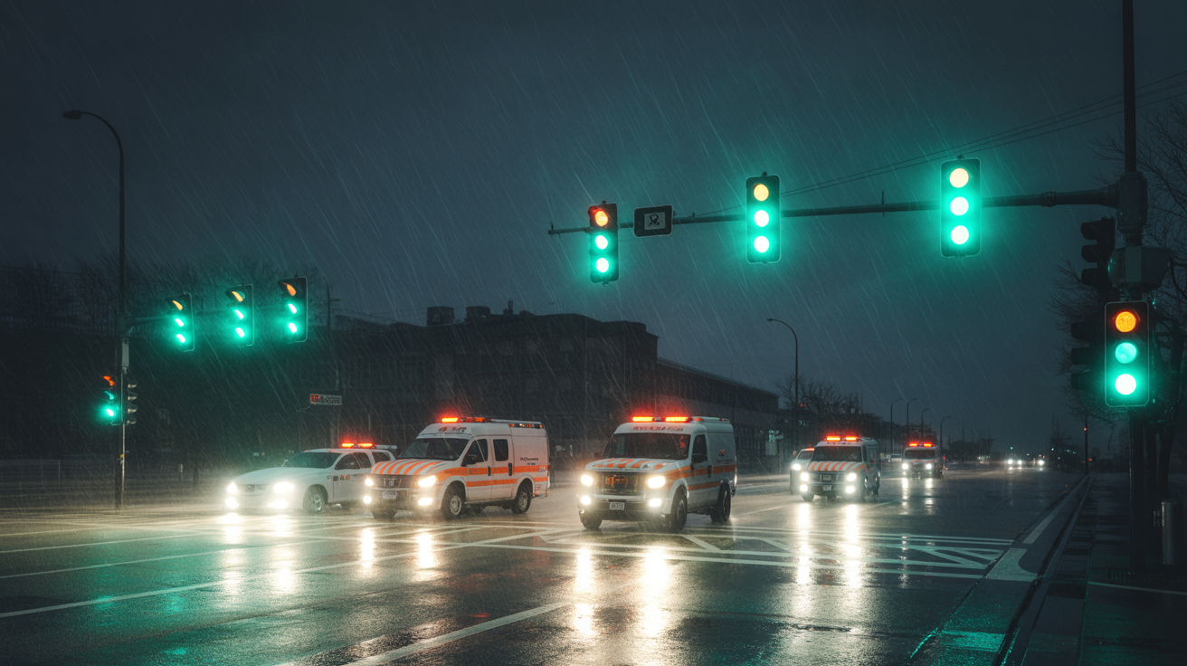 Night scene of illuminated city intersection