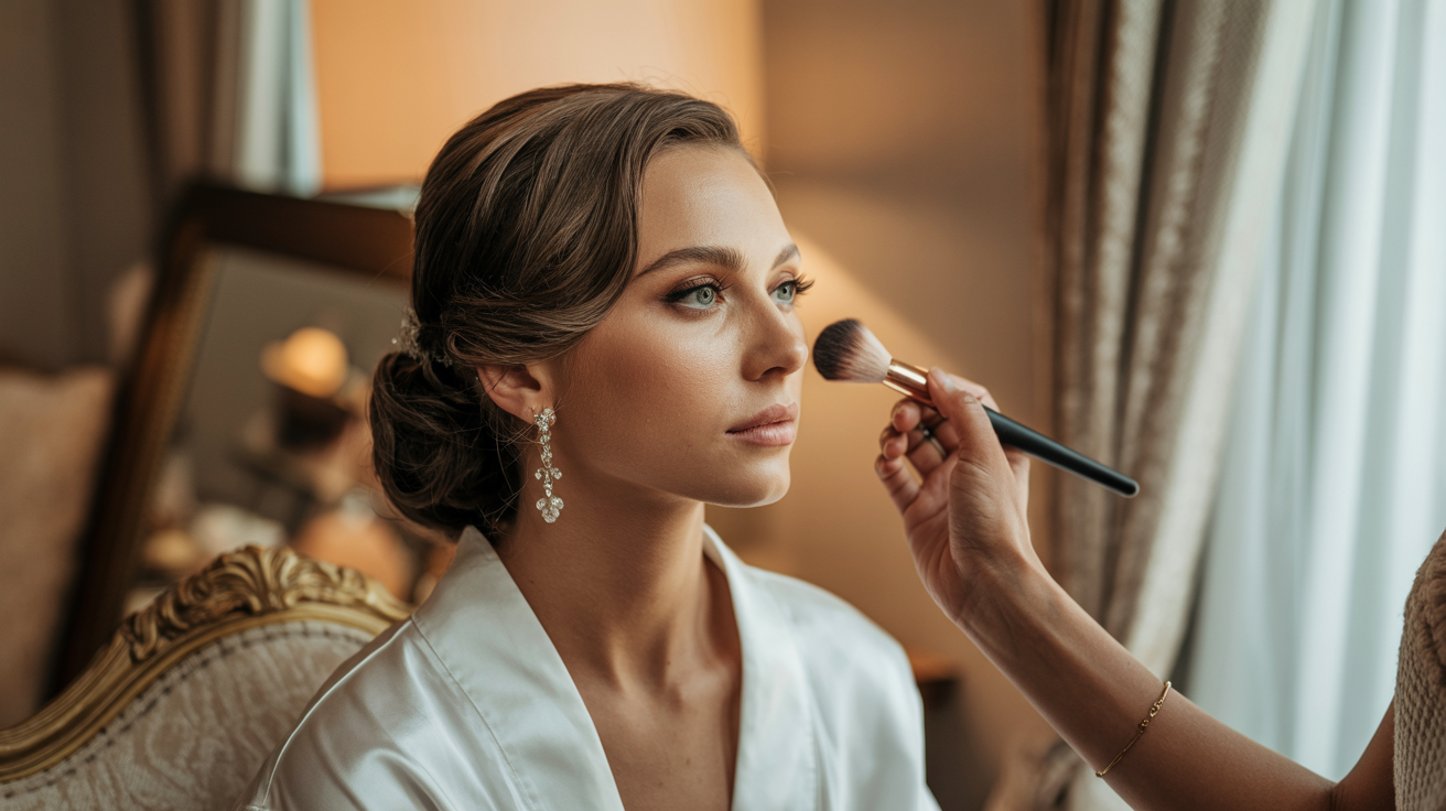 Elegant bridal makeup scene with soft romantic lighting