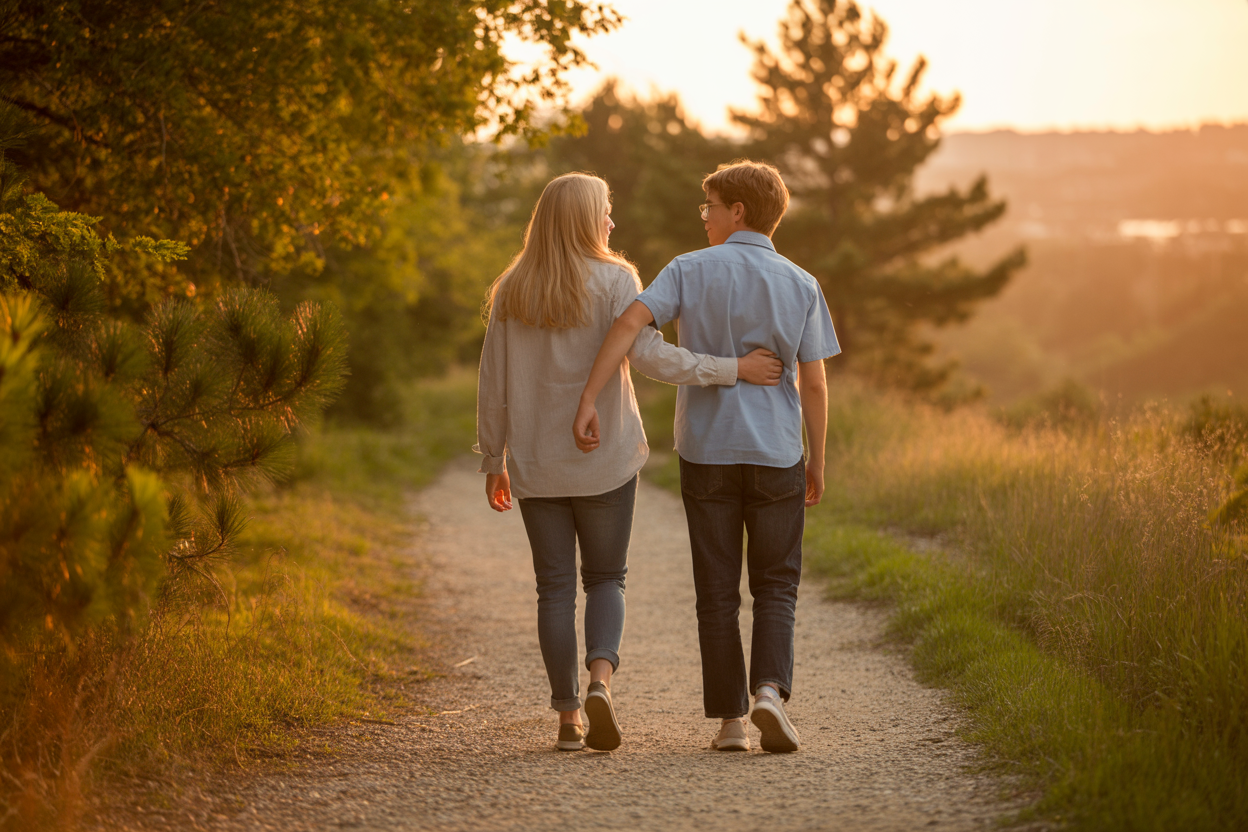 Parent and teen walking together in nature