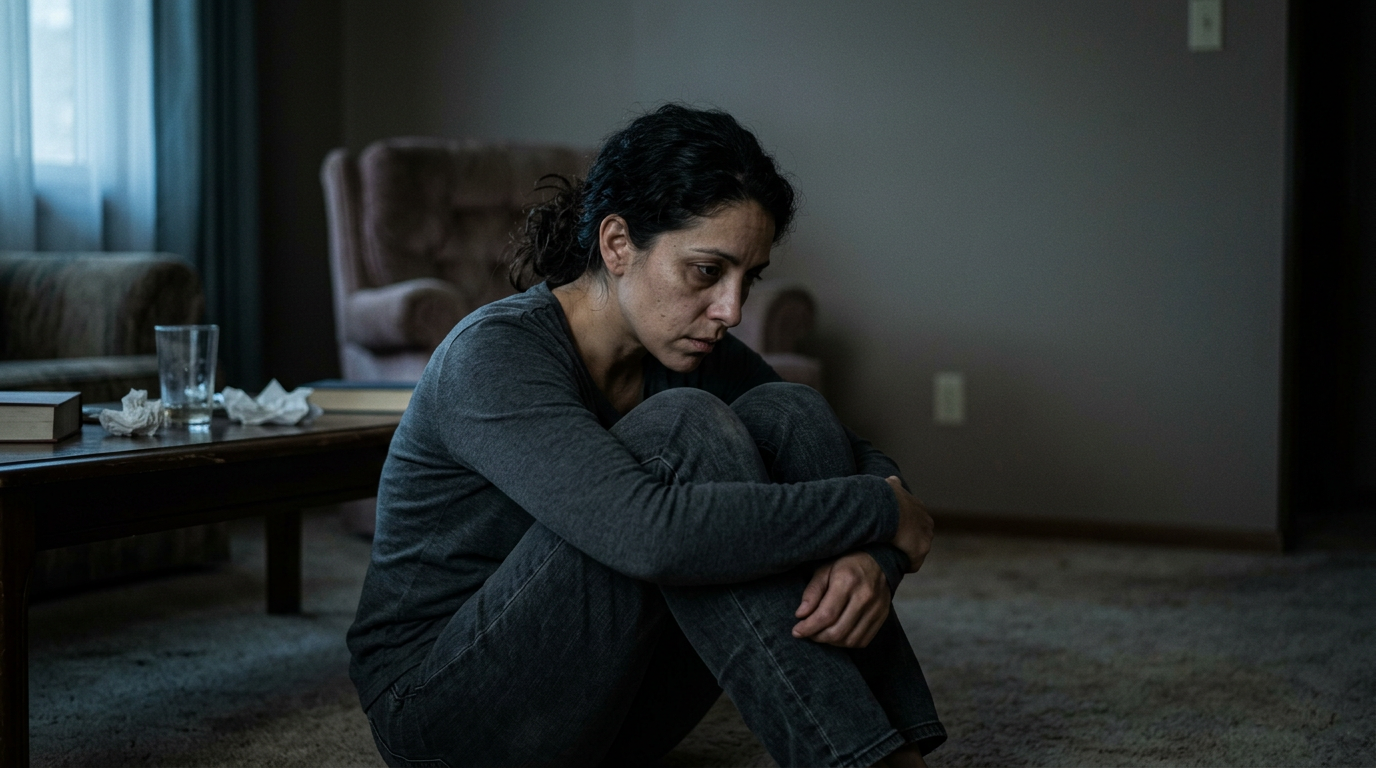A Hispanic woman veteran sitting alone on the floor of a dimly lit room, hugging her knees, with cool muted lighting conveying emotional exhaustion