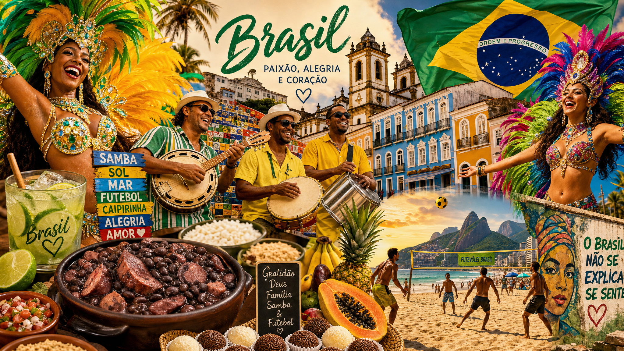 Brazilian culture visual learning collage with carnival and food