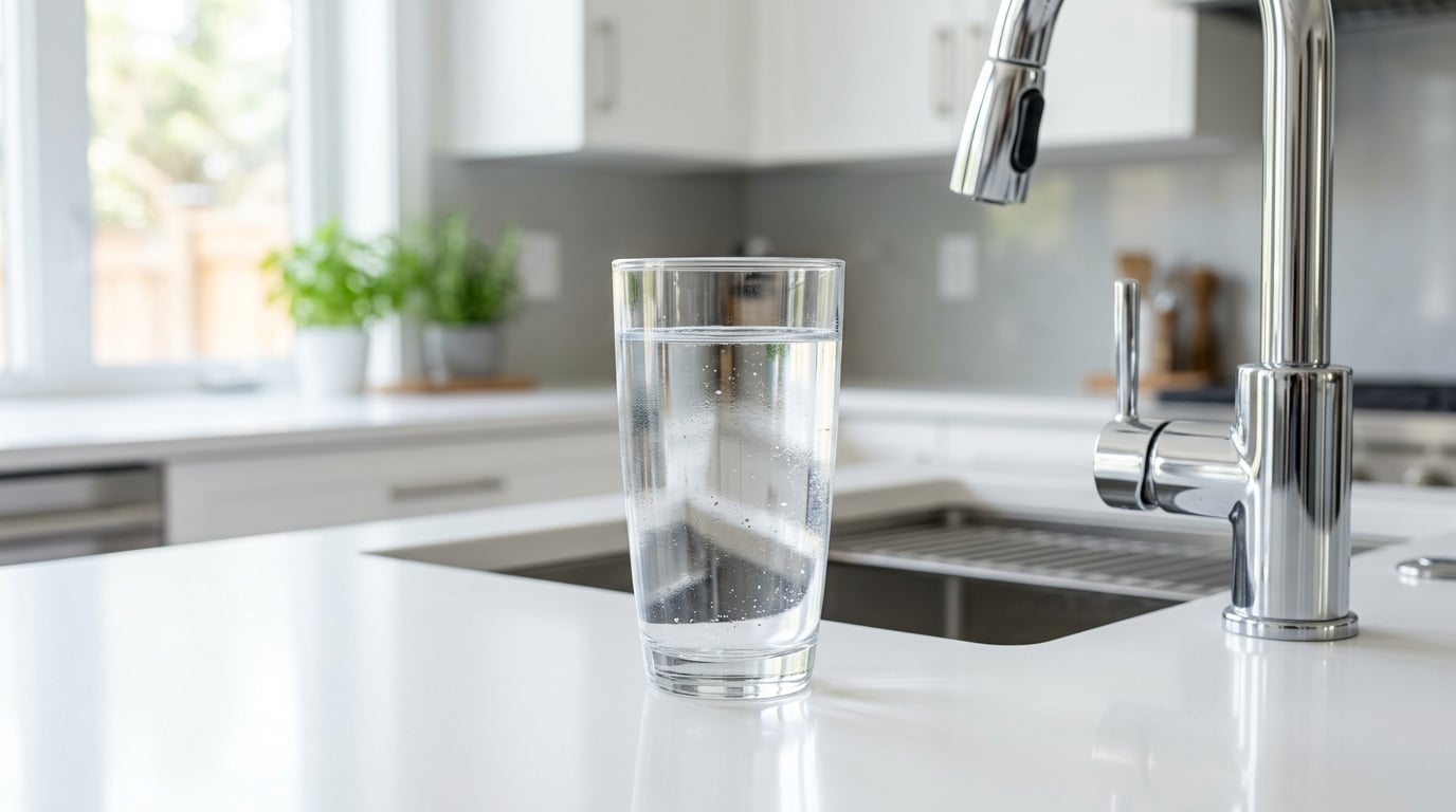 Crystal clear glass of clean water next to a modern kitchen sink faucet