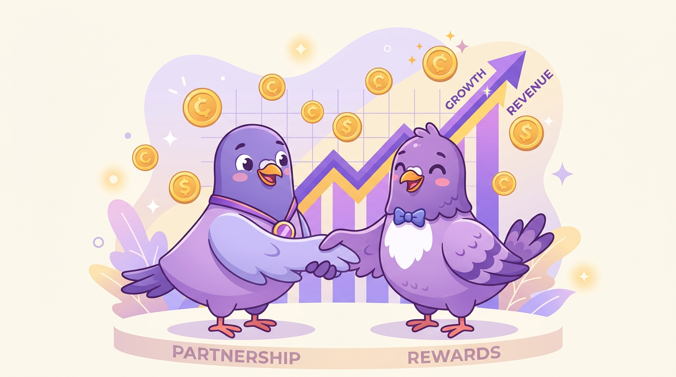 Two pigeon mascots shaking wings with coins and a rising revenue chart
