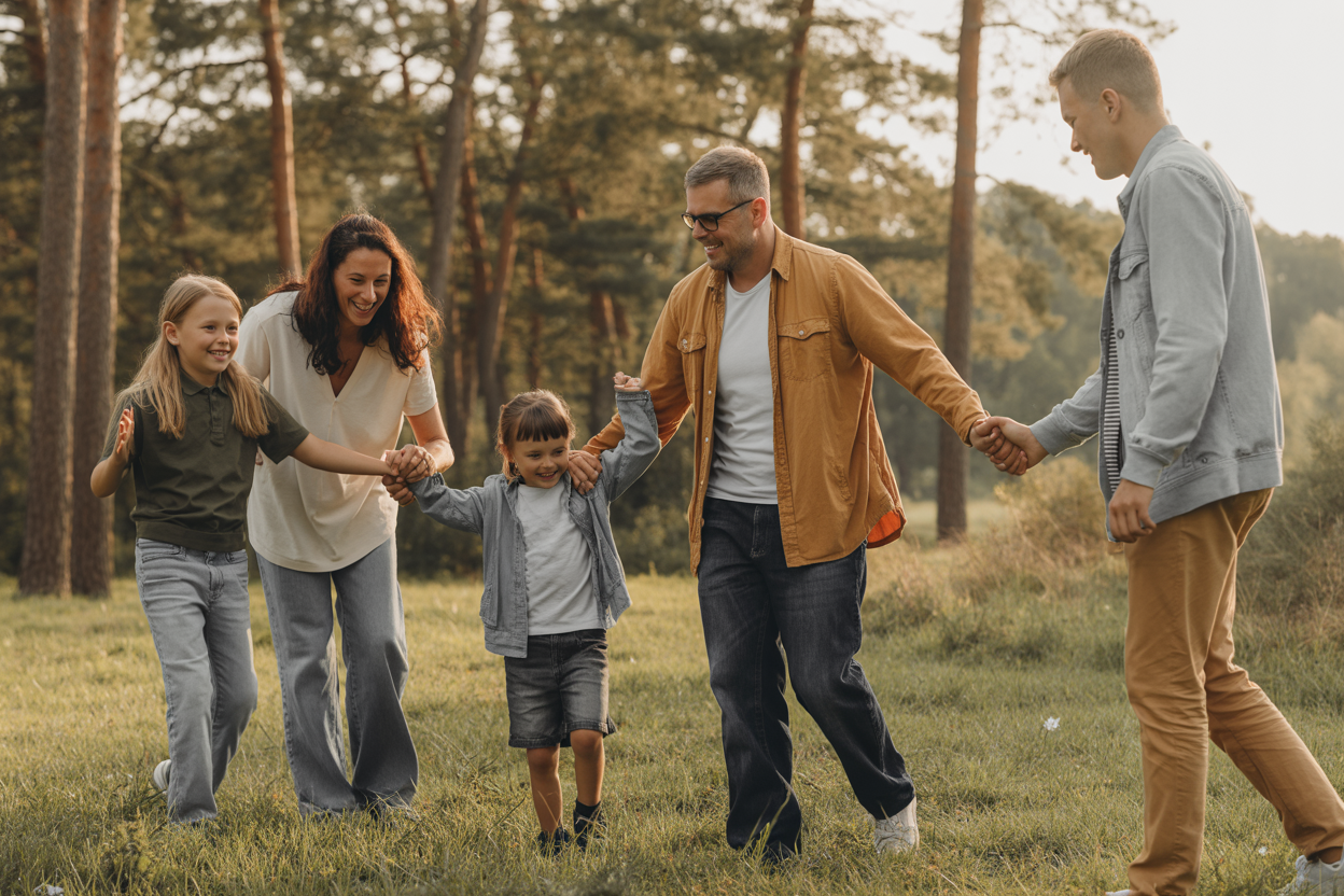 Families doing outdoor activities at a camp