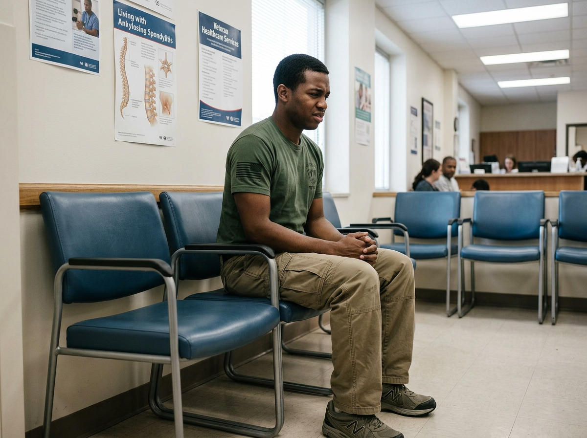 A young veteran sitting with a poker-straight rigid back posture, the characteristic stiffness of ankylosing spondylitis