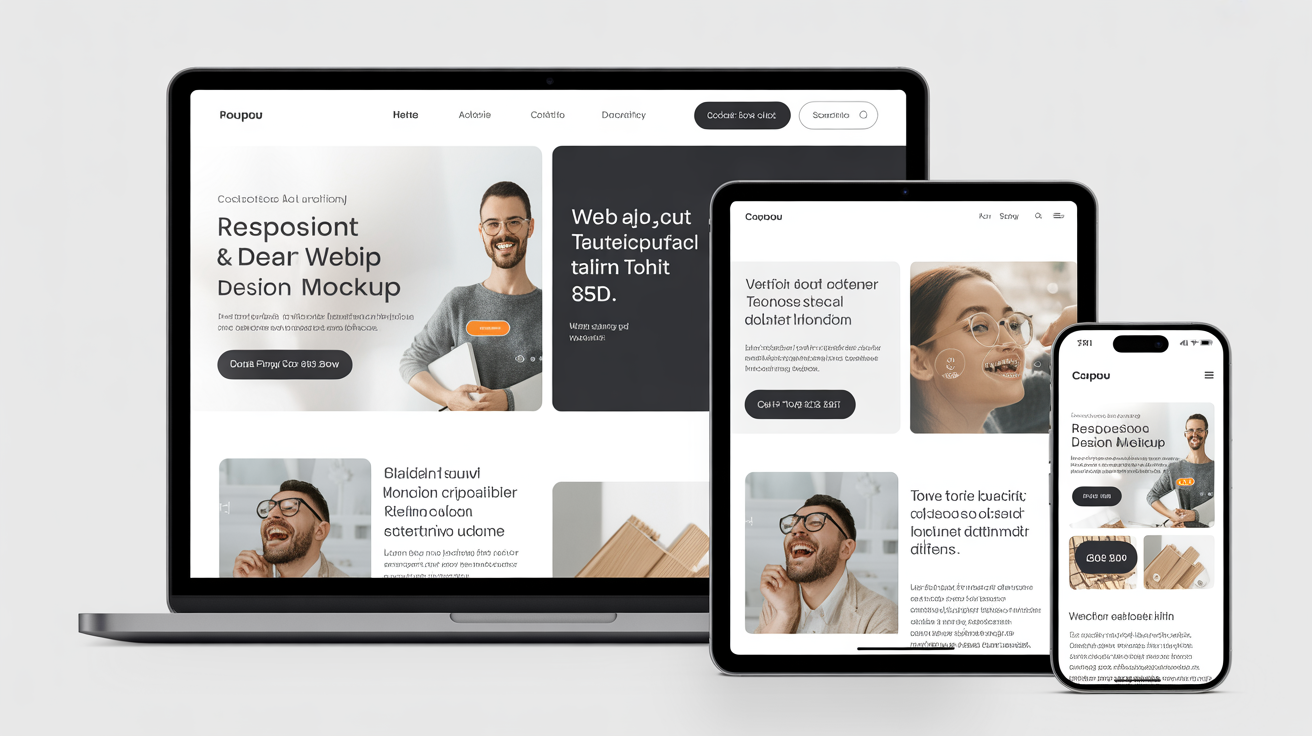 Diseño web responsive moderno en laptop, tablet y móvil mostrando compatibilidad multiplataforma
