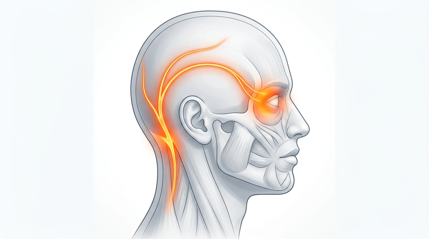 A clean medical illustration in profile of a hot-orange nerve pathway starting at the base of the skull, arcing over the head, and terminating in a glow behind one eye