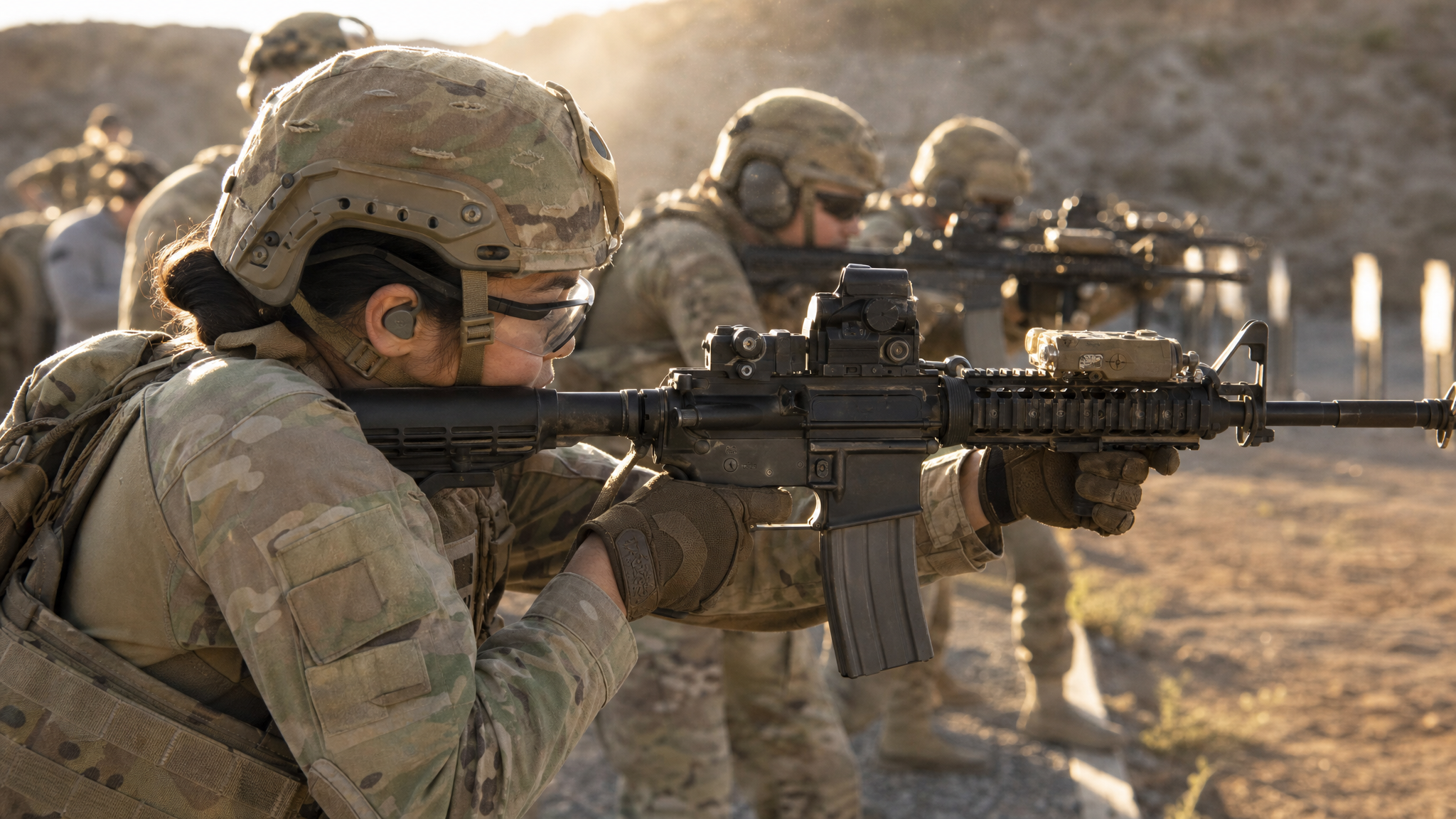 A woman service member on a firing line with hearing protection