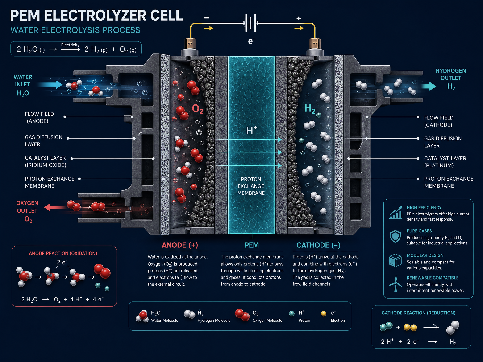 Cross-sectional diagram of a PEM electrolyzer showing water splitting into H2 and O2