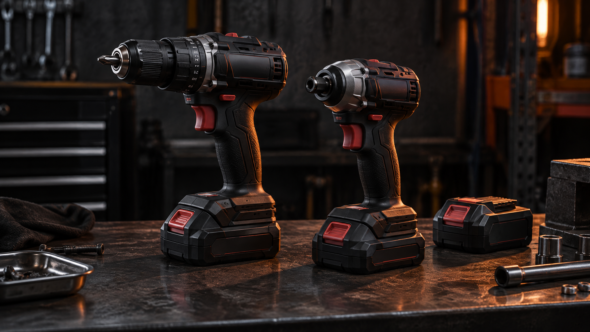 Cordless drill driver and impact driver with batteries