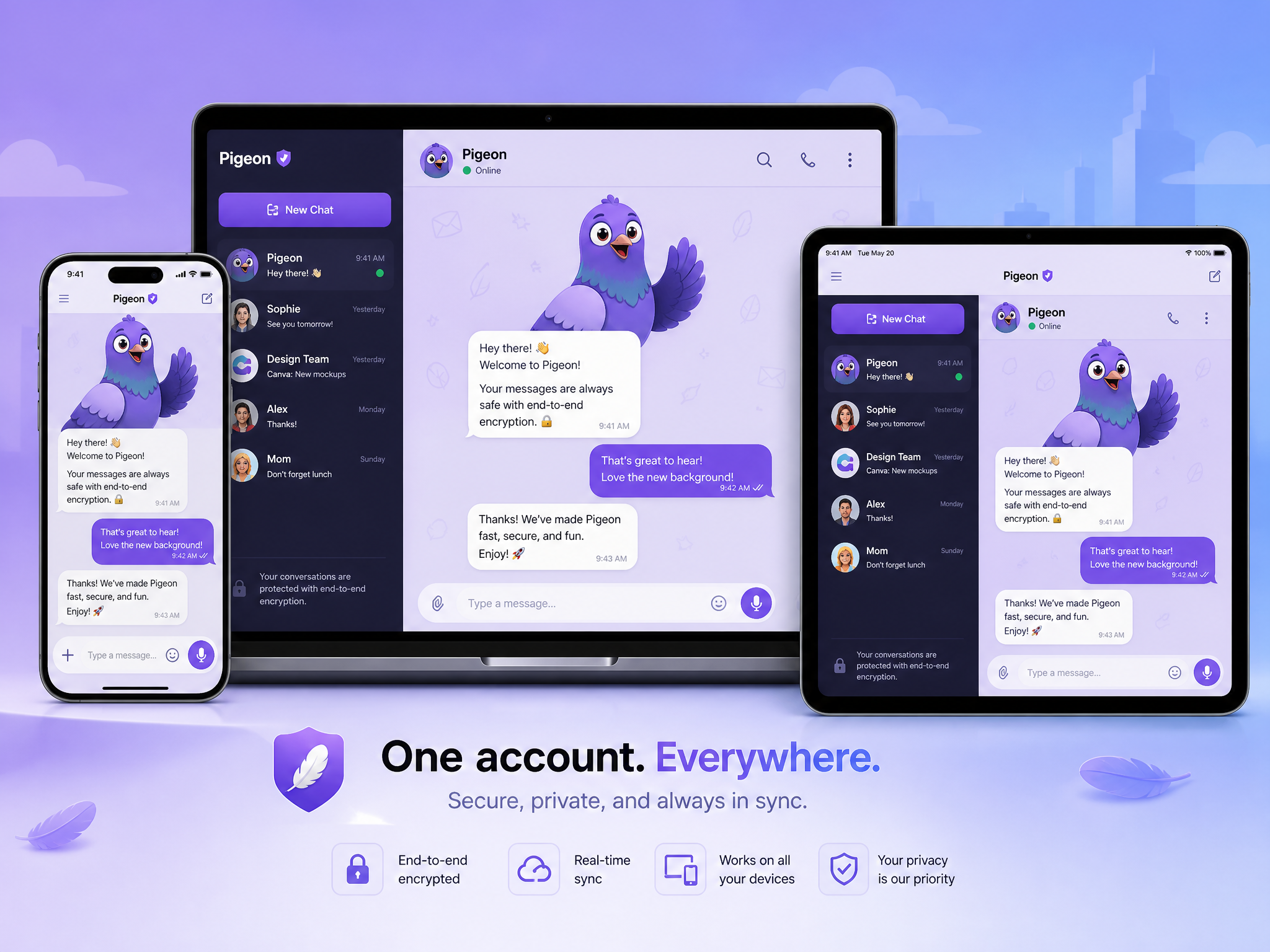 PigeonChat running on phone, tablet and laptop at the same time
