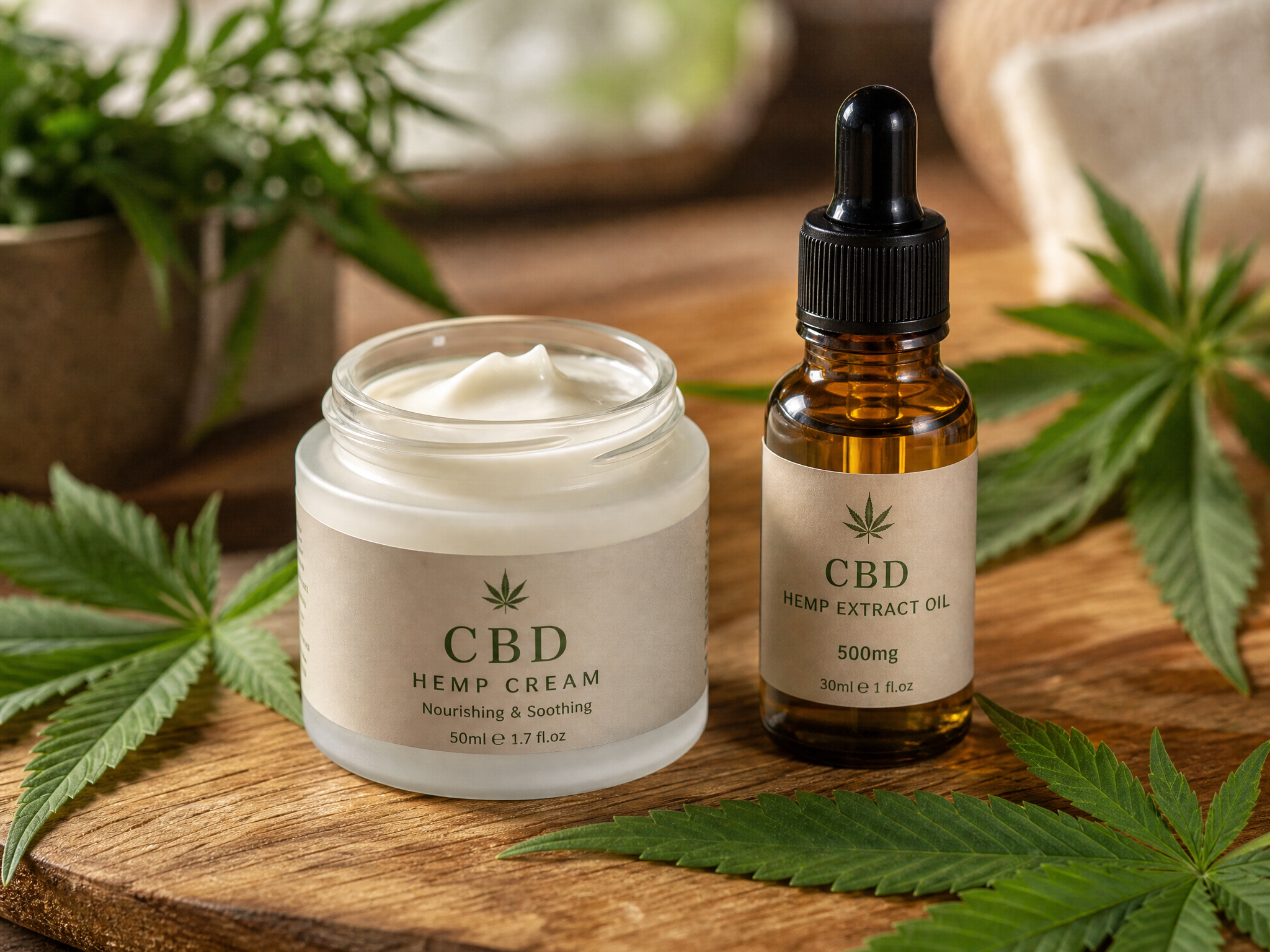 CBD hand cream jar with hemp extract oil and hemp leaves - natural hemp skincare