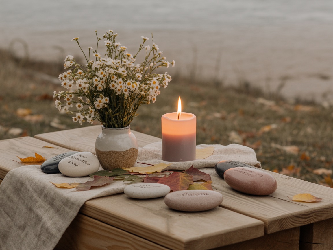 Kerze, Blumen und Gedenksteine auf einem Holztisch