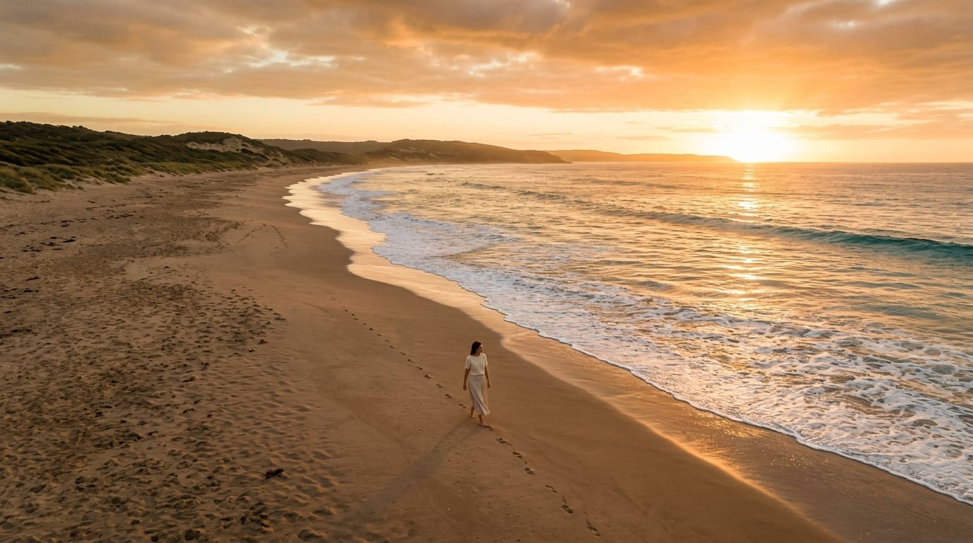 Person walking barefoot on beach at sunrise, representing the earthing and grounding concept
