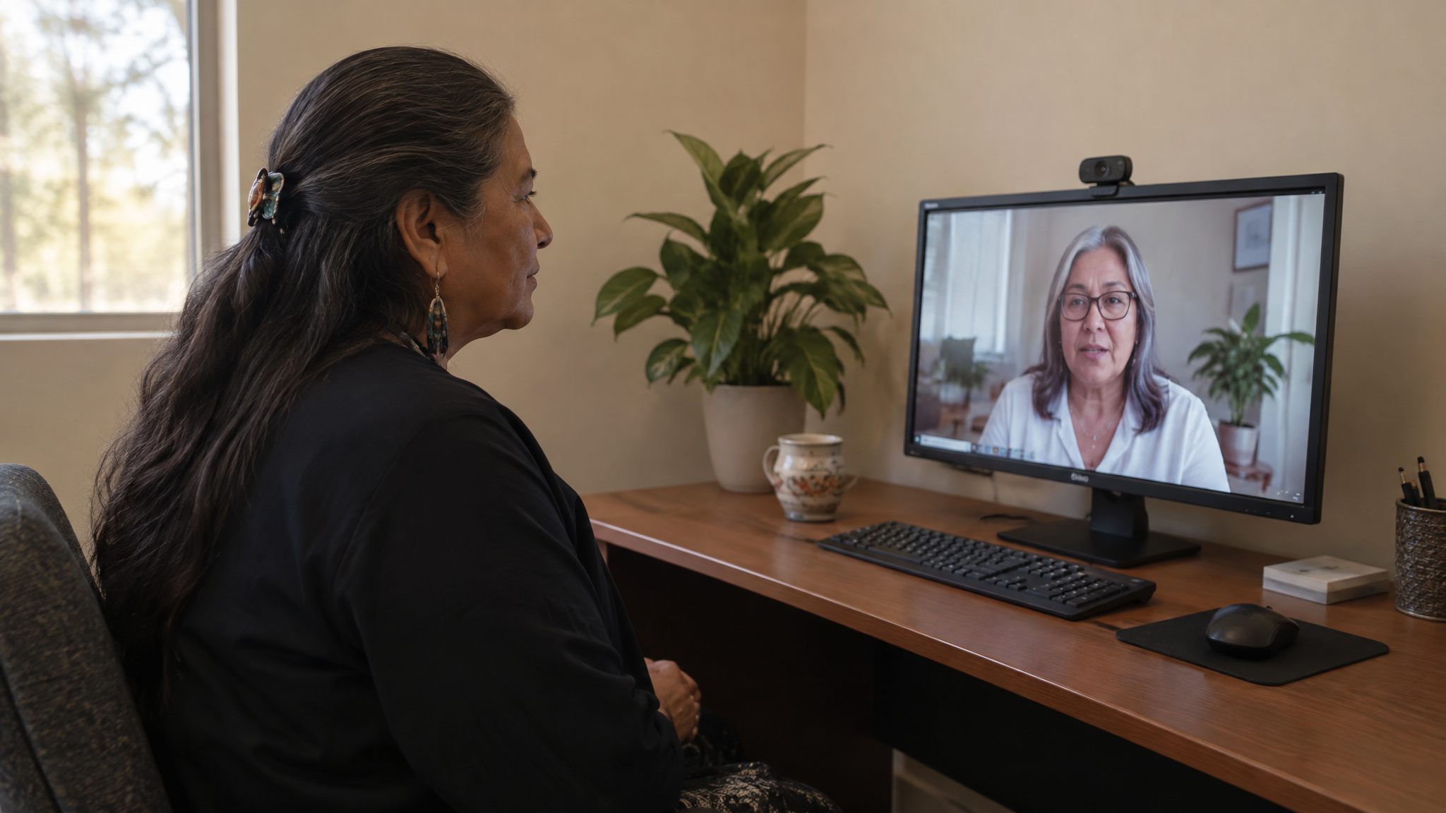 A woman veteran in a small private telehealth room on a video visit with a female doctor shown on the monitor