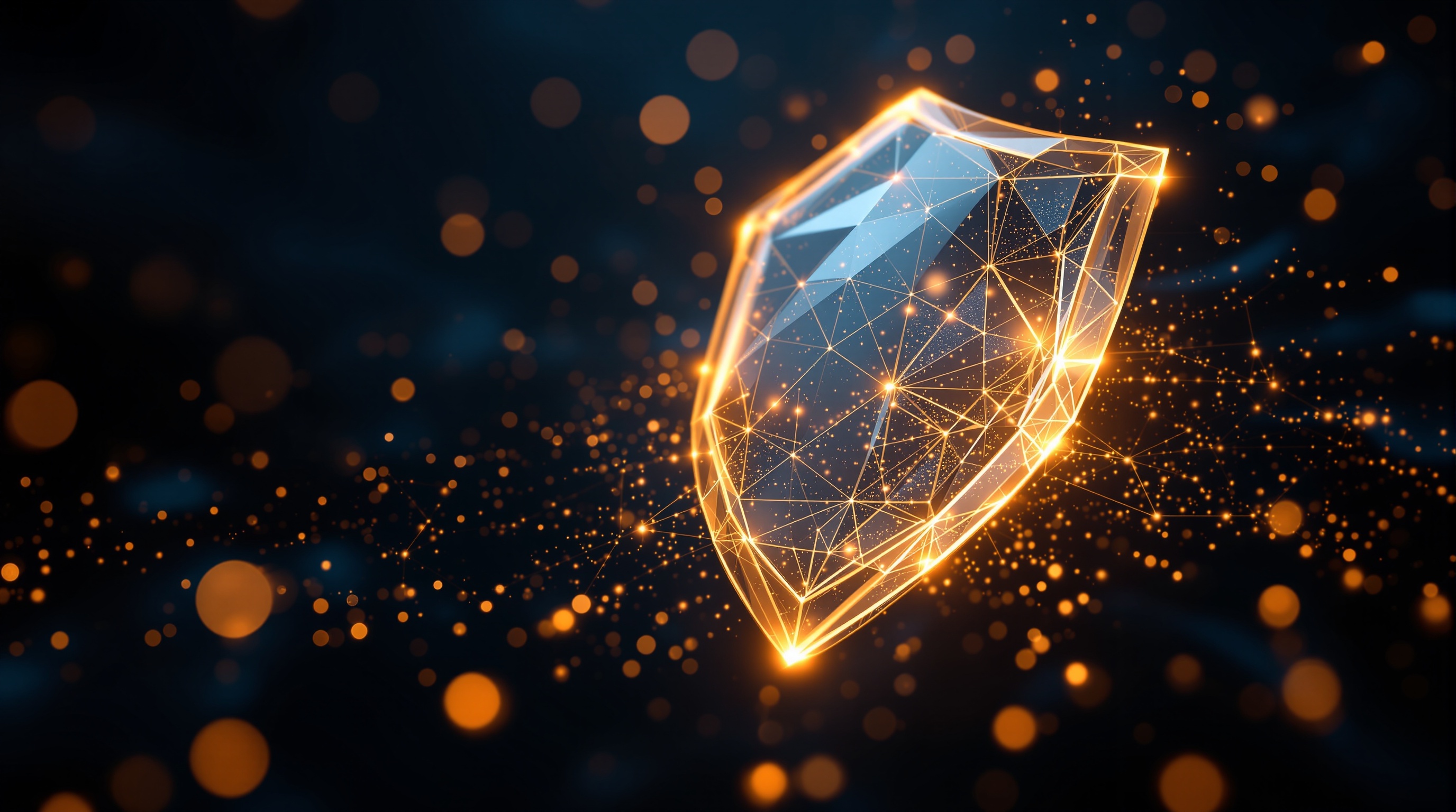 Abstrakte Visualisierung eines digitalen Datenschutz-Schildes mit geometrischen Facetten in Navy und Gold