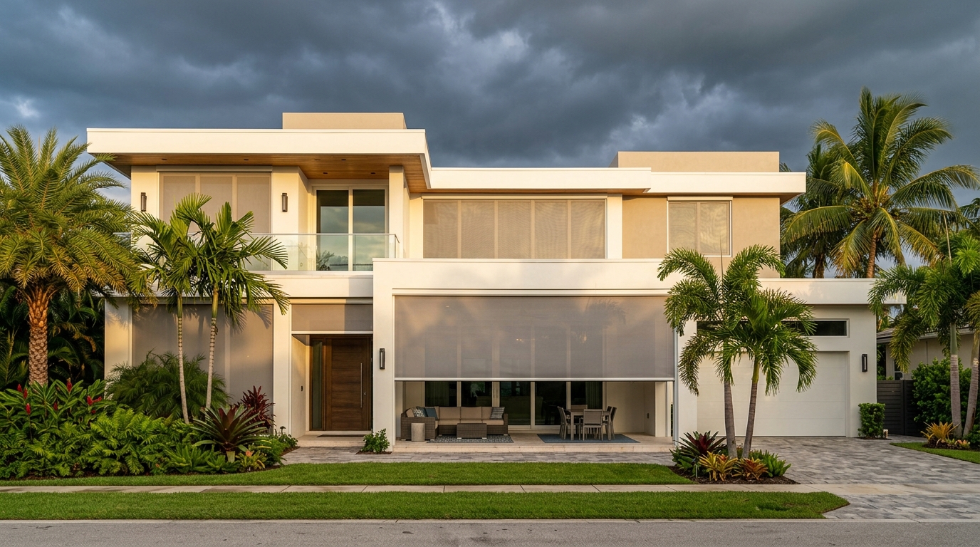 Hurricane fabric storm panels protecting home windows and doors in Florida