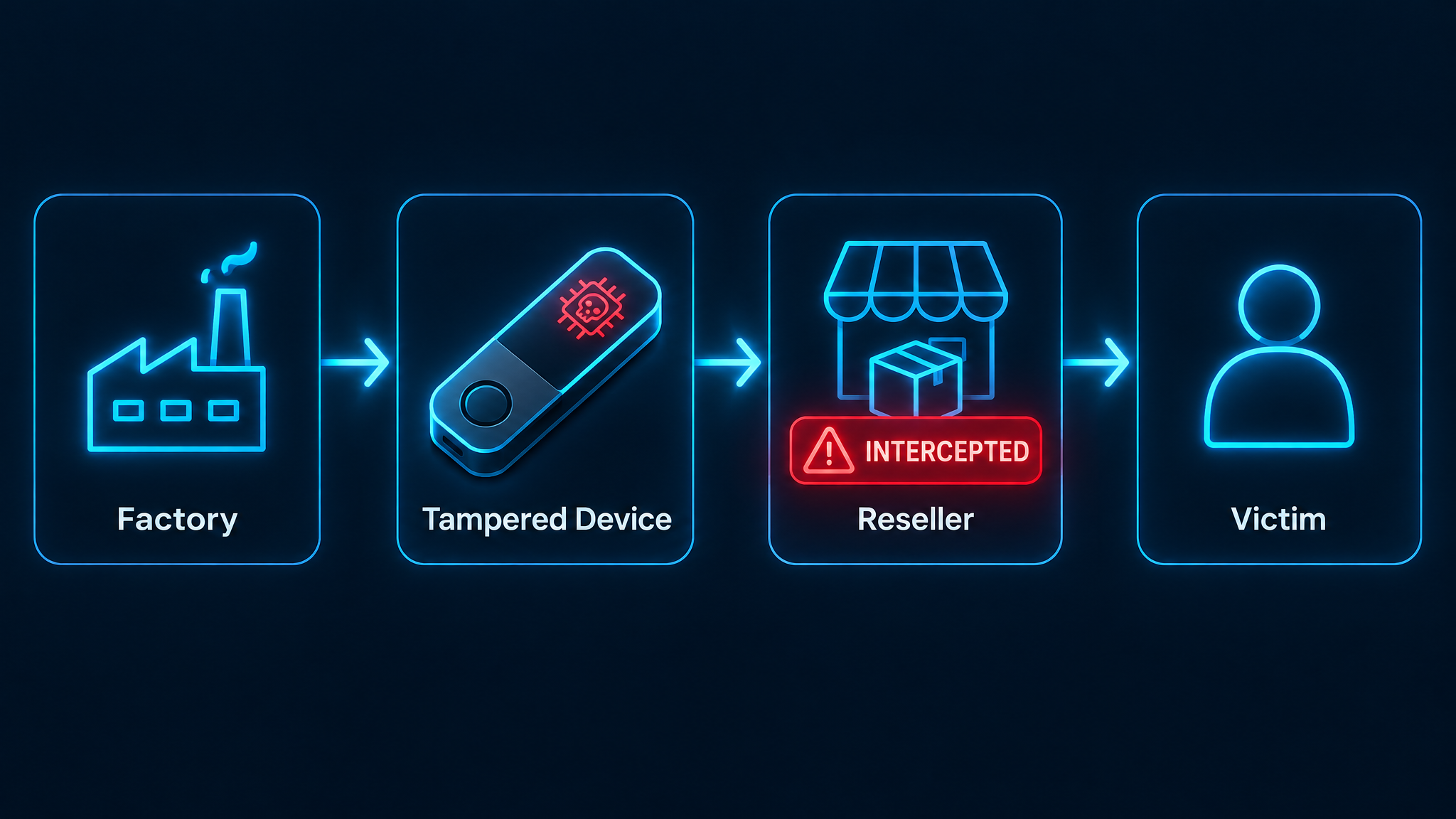 Ledger supply chain attack diagram showing how CryptoBilis intercepted hardware wallets in 2026