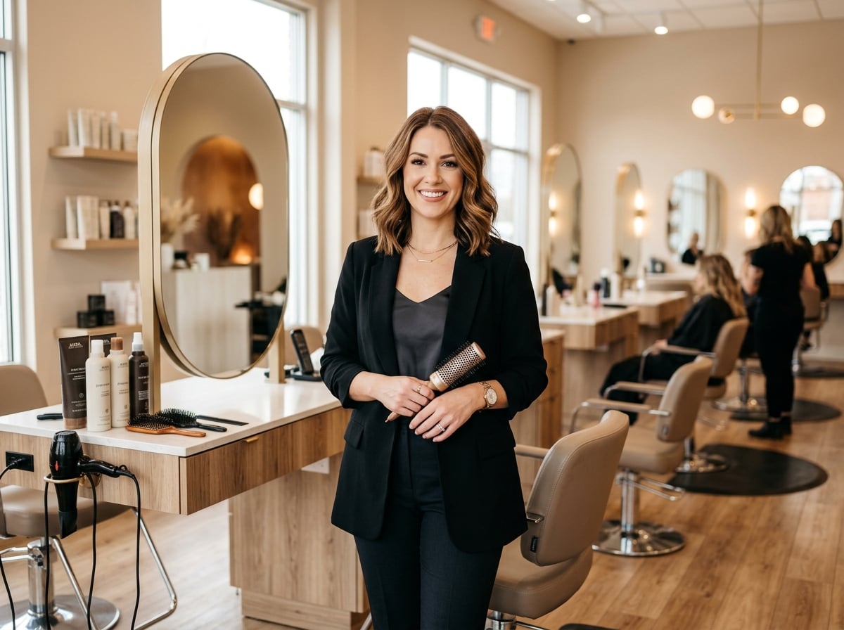 Professionelle Friseurin und Mitgründerin in ihrem eleganten Salon