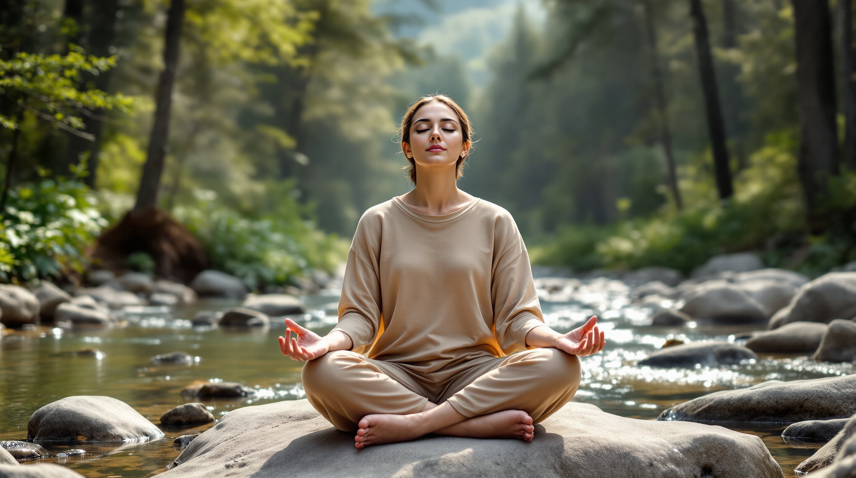 Žena meditira u prirodi pored reke, simbol unutrašnjeg mira, balansa i povezanosti sa sobom