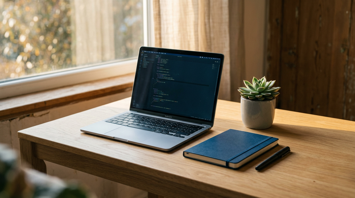 Workspace minimalista com apenas itens essenciais representando essencialismo e os poucos vitais
