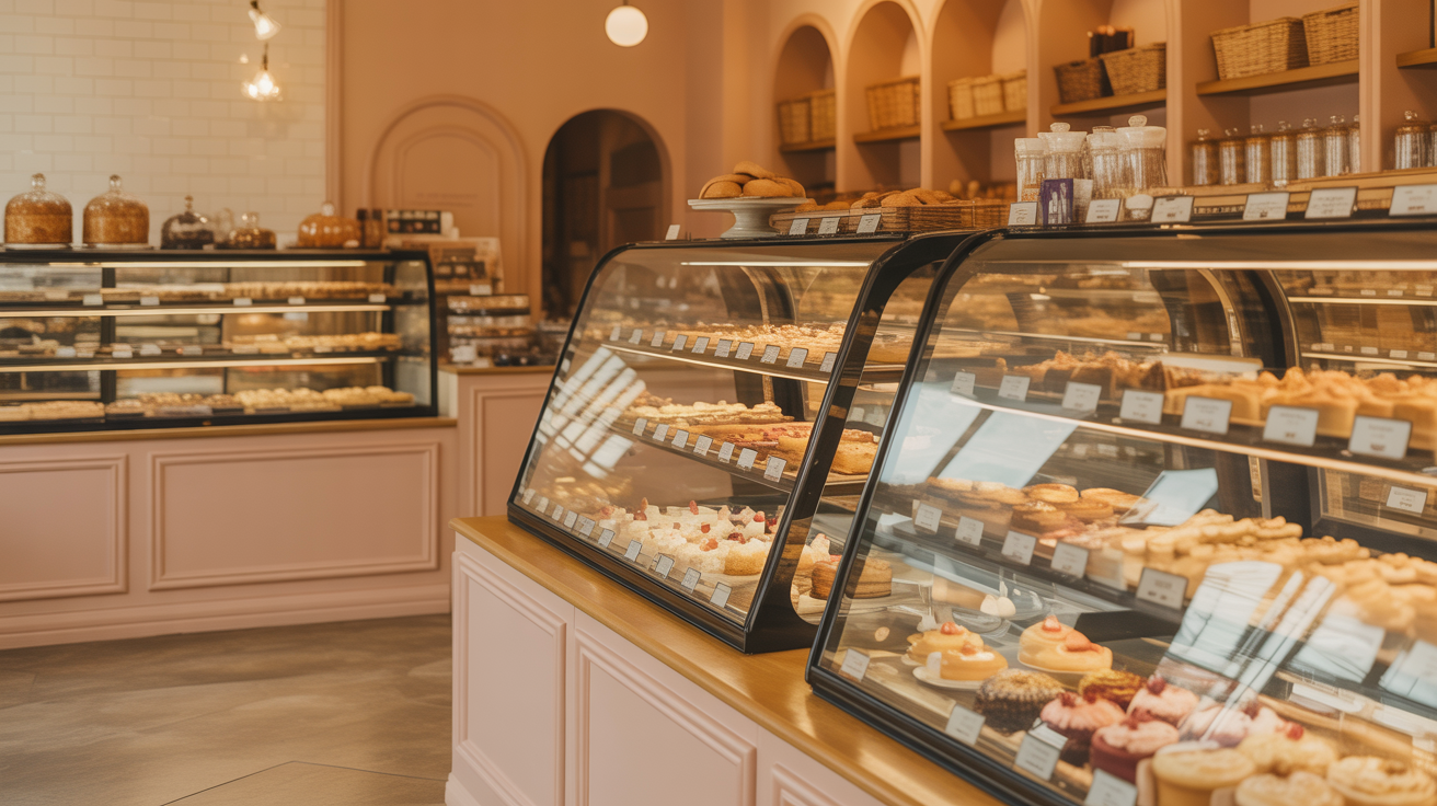 Warm cozy bakery interior with display cases