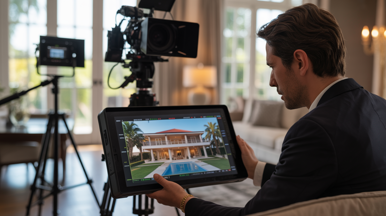 Creative director reviewing property footage during a luxury shoot