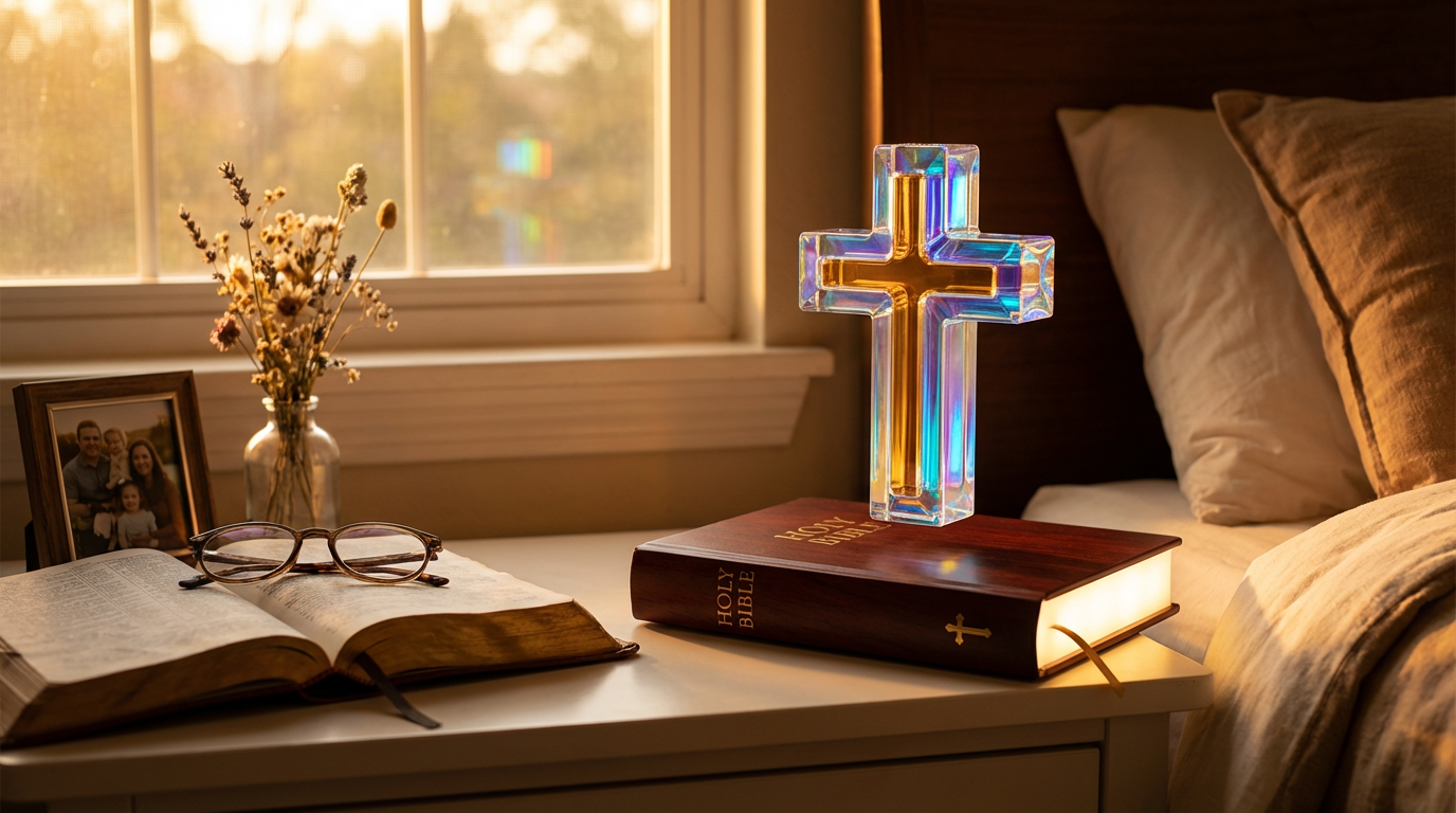 VERITŌ glowing at a bedside nightstand beside a worn Bible at blue hour