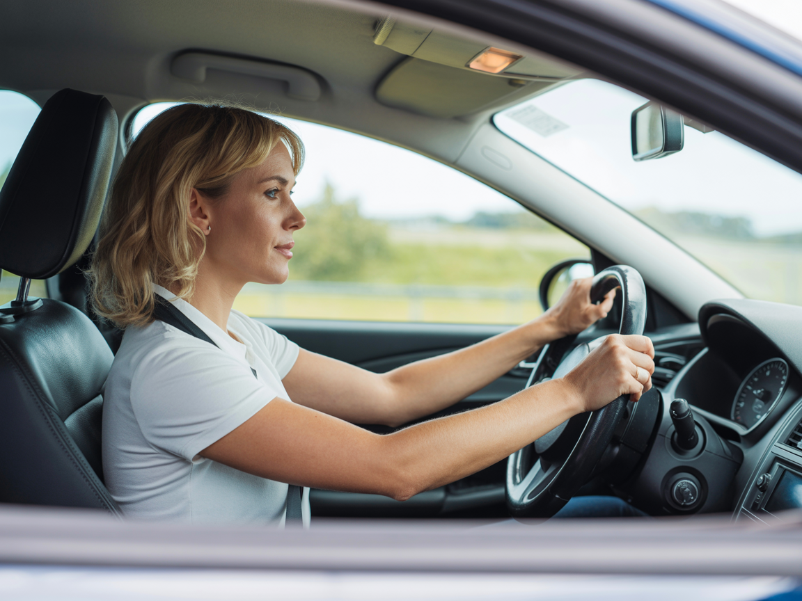Confident woman driving on UK road