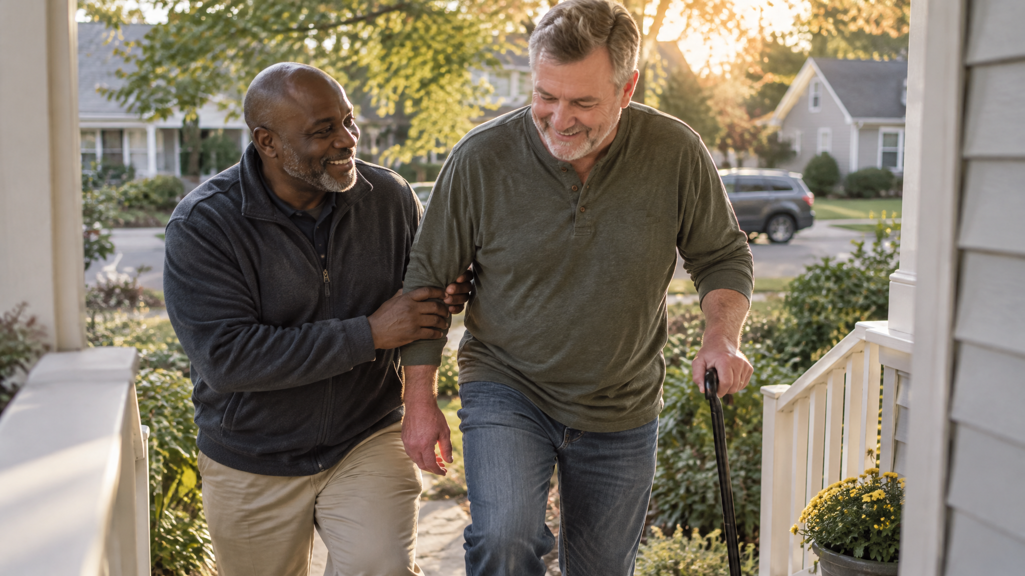 A neighbor steadying a veteran with a cane on the front porch of his home