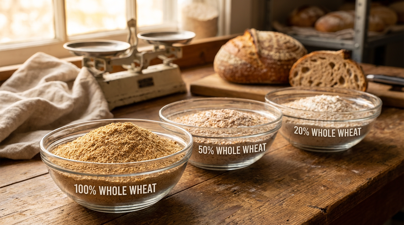 Three glass bowls showing different whole wheat flour ratios on a rustic wooden workbench