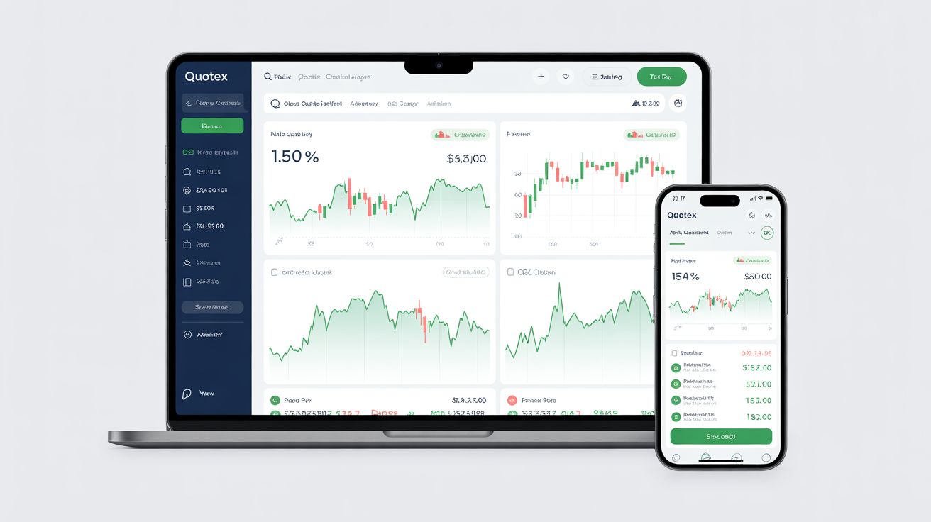 Interface da plataforma Quotex mostrando dashboard de trading em dispositivos móveis e desktop