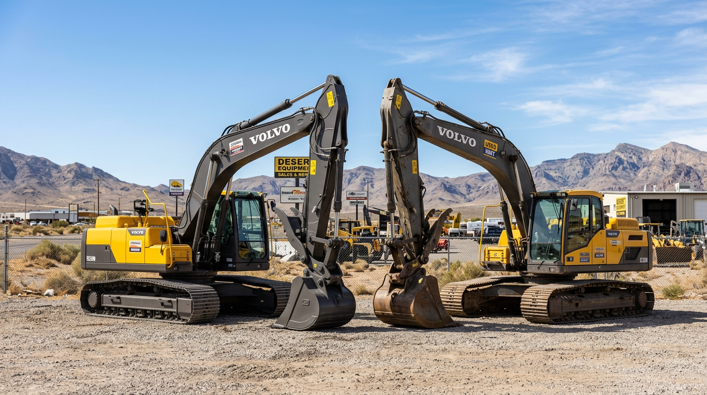 New and used excavators parked side by side at an equipment yard