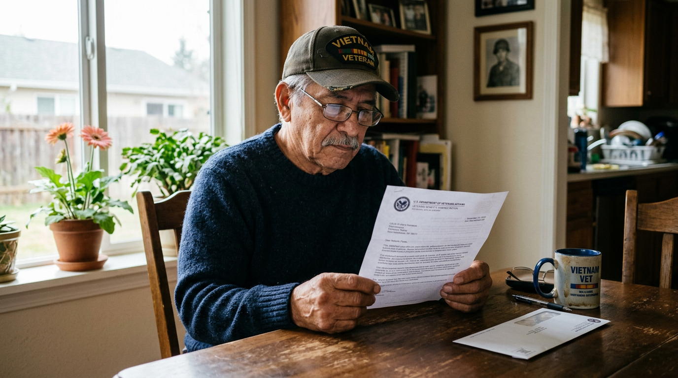 A Vietnam-era veteran at his kitchen table reading a VA decision letter, coffee and reading glasses nearby