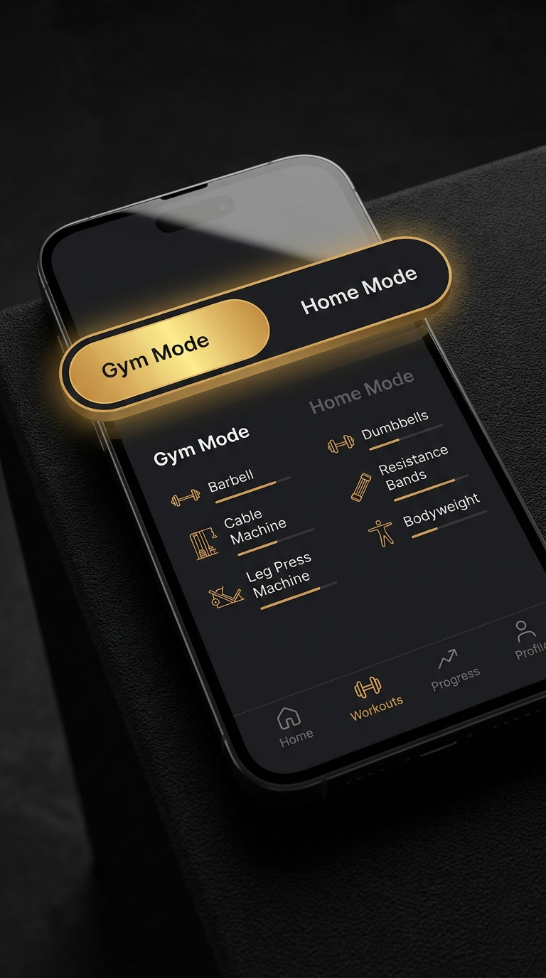 Gladius app showing Gym Mode and Home Mode toggle interface