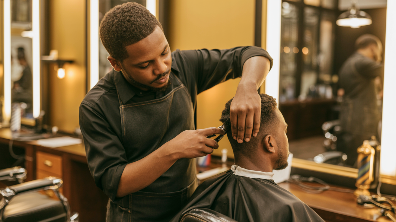 Barber working with client in upscale barbershop setting