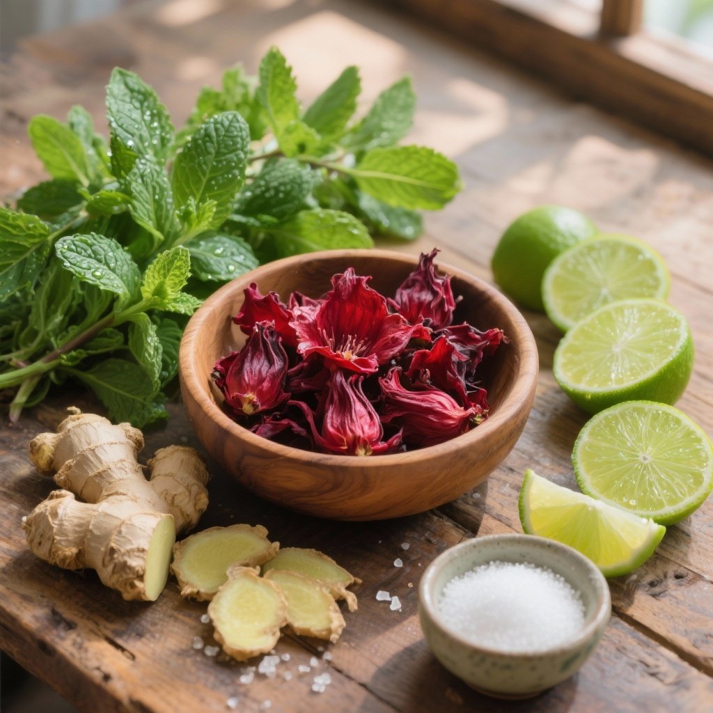 Jus de Bissap (Hibiscus) 2 jus de bissap frais et vibrant, d’un rouge profond, servi avec des glaçons et décoré d’une rondelle de citron vert ou de quelques feuilles de menthe fraîche. La boisson est présentée dans une carafe en verre transparente ou directement dans un verre haut, avec une légère condensation qui évoque sa fraîcheur. En arrière-plan, des fleurs d’hibiscus séchées, des citrons verts coupés, et un bouquet de menthe ajoutent une touche naturelle et invitante.